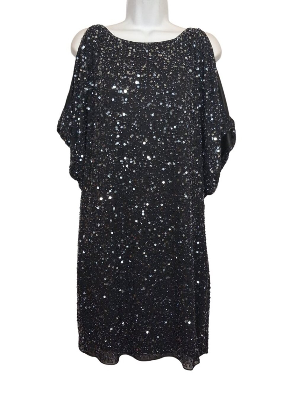 AIDAN MATTOX Sequin Dress Beaded Black Cold Shoulder Party Cocktail Wedding 6 S